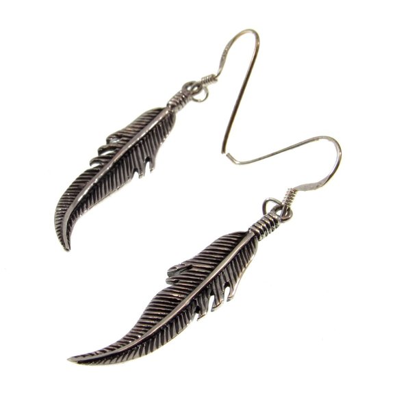Handcrafted Solid 925 Sterling Silver Bird Feather Drop Dangle Hook Earrings - Picture 4 of 5